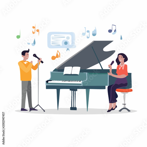 Two people singing and playing piano with musical notes