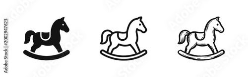 Rocking horse wooden toy icon set for child play and nursery