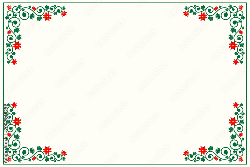 Fototapeta premium Elegant green vegetal ornamental frame with leaves and pink flowers, decorative border, corners for greeting cards. Isolated vector illustration