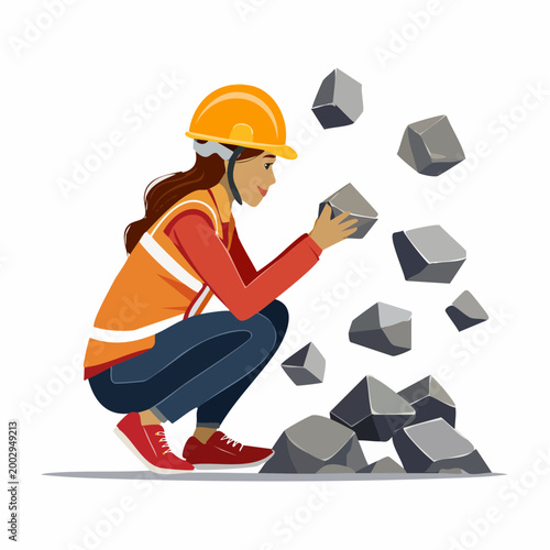 Female Geologist or Construction Worker Examining Rocks