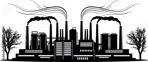 Industrial factory skyline with smoke pollution emissions and environmental impact concept featuring urban industry silhouette vector illustration