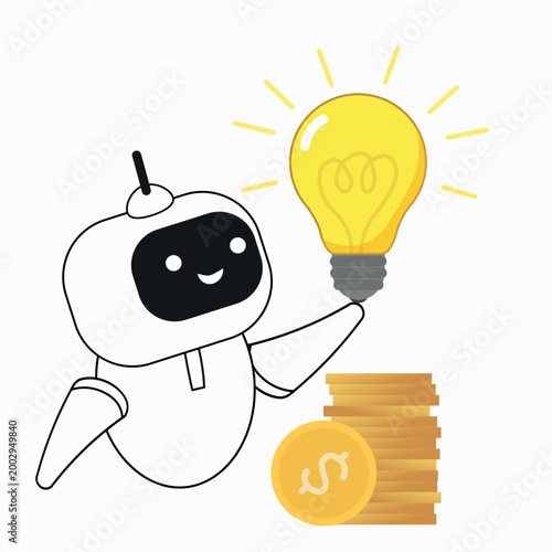 A robot assistant sits next to a stack of coins, with an idea light bulb glowing above its head. This image is about innovative financial solutions, startups, brilliant wealth plans, and artificial