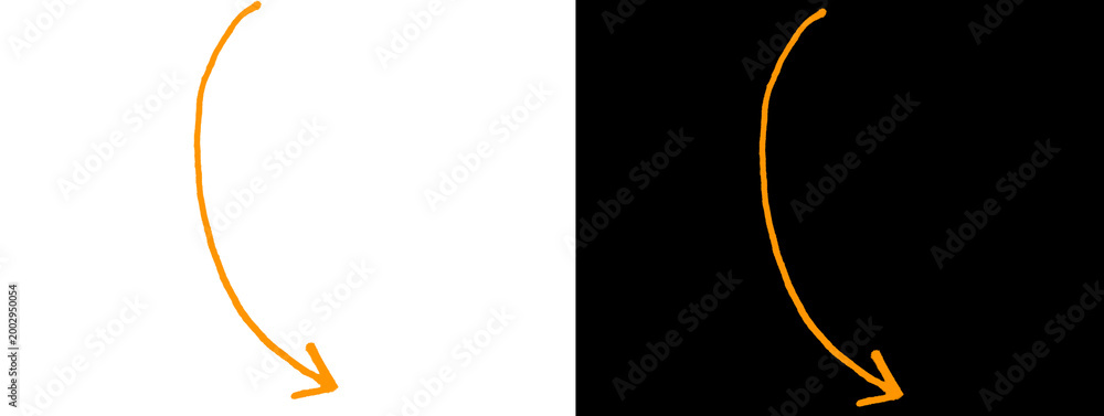 Naklejka premium Orange Glowing Curved Arrow Pointing Down on Dual Background