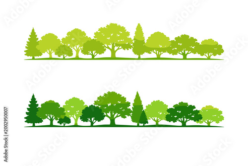 Green tree silhouettes create natural horizontal borders, ideal for eco-design, symbolizing sustainable growth, environmental health, and nature