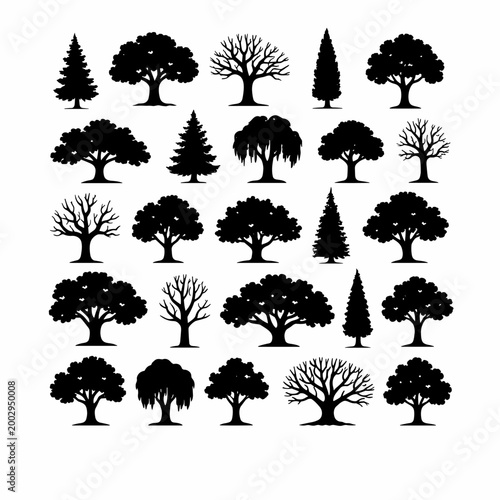 Diverse collection of various tree silhouettes, including deciduous and coniferous species, showcasing botanical diversity for design and artistic purposes