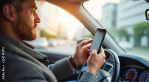 A man driving a car in the city. Concept of dangerous driving.
