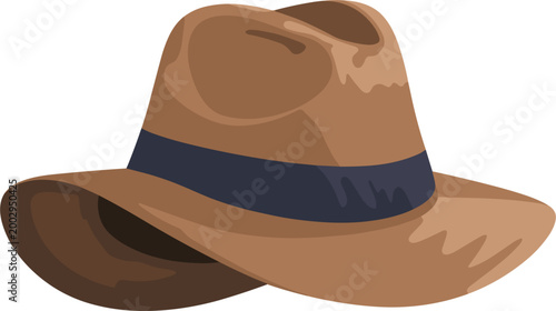 Professional vector illustration of a classic brown fedora hat with a black band for fashion branding.