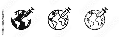 Global Vaccination Icon Set - Syringe and World Globe in Three Styles