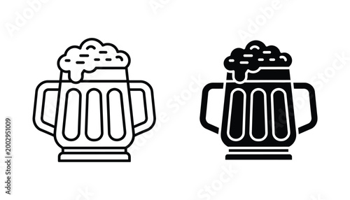 Classic beer mug with frothy foam in both outline and solid black icon styles for pub branding and beverage menu design elements