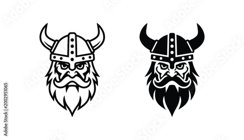 Viking warrior head with horned helmet and thick beard in both outline and solid black graphic styles for historical character design and adventure branding