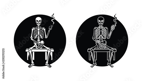 Smoking skeleton sitting on a bench silhouette and outline icon for dark humor or gothic art