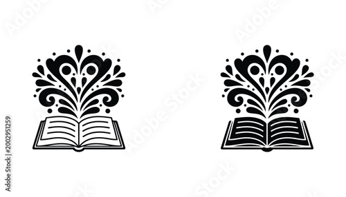 Decorative open book icon with floral elements and organic swirls in linear and solid black styles perfect for literary themes and educational branding