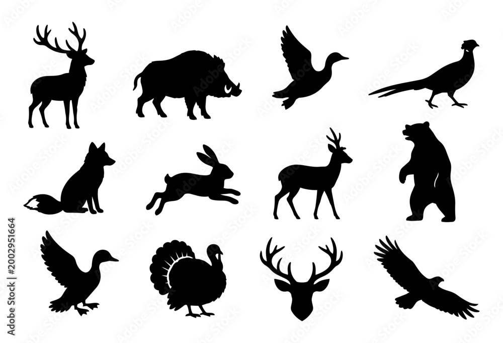 Fototapeta premium Hunting Wildlife Silhouette Icon Set – Deer Boar Fox Bear Eagle Game Animals Collection