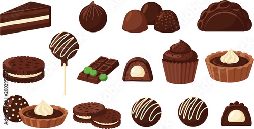Chocolate Dessert Collection Featuring Cake, Truffles, Lollipops, and Cupcakes for Sweets and Confectionery Illustrations