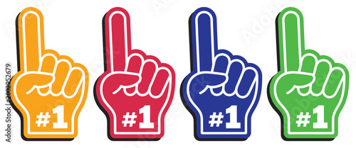 Foam hand fan glove vector illustration featuring number one finger gesture, hashtag 1 support sign, colorful sports cheering icons, and team spirit symbols