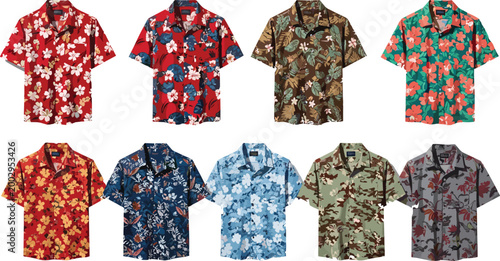 Hawaiian Shirt Collection Featuring Various Floral and Camouflage Patterns for Fashion Illustrations