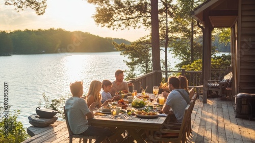 Lakeside family dinner overlooking the sunset