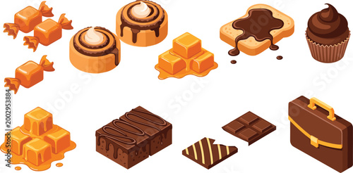Sweet Confectionery Collection Featuring Caramels, Chocolates, Candies, and Cupcakes for Dessert Illustrations