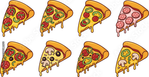 Pizza Slice Collection with Various Toppings Including Pepperoni, Vegetables, and Cheese for Food and Restaurant Illustrations