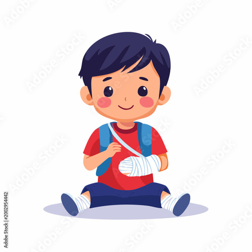 Cartoon Boy with Broken Arm and Bandaged Leg Sitting