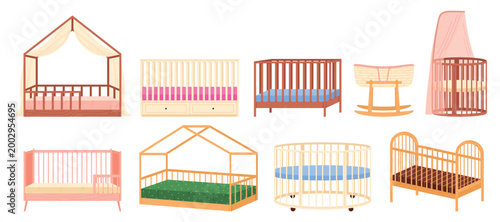 Set of different cartoon baby cots, cribs, and bassinets in assorted styles and colors, ideal for nursery or bedroom decor, isolated on white background vector illustration