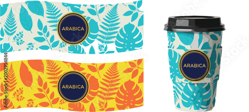 Tropical Floral Leaf Pattern Arabica Coffee Cup Sleeve Wrap Mockup in Teal and Orange Vector Illustration