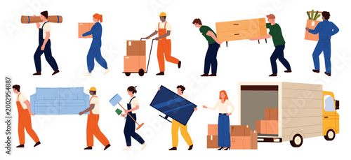 Team of movers transporting sofa, boxes, TV, and furniture with moving truck, teamwork and relocation concept set isolated on white background vector illustration