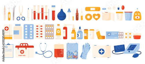 Comprehensive set of cartoon medical tools, first aid supplies, pills, bottles, thermometer, stethoscope, and healthcare equipment for hospital or pharmacy use, isolated on white background vector