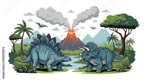 Prehistoric scene featuring a stegosaurus and a triceratops in a jungle landscape with palm trees and a smoking volcano in the background.