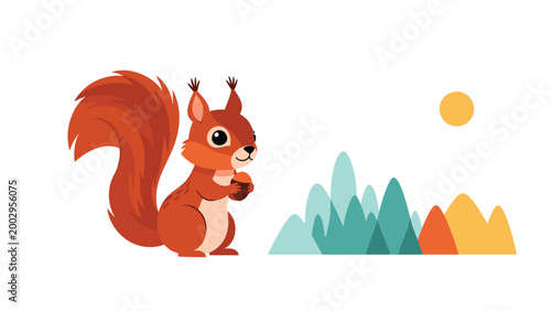 Cute squirrel sitting and holding a brown acorn against a backdrop of stylized mountains and a yellow sun in a minimal nature landscape.