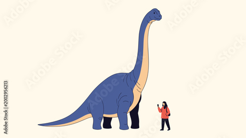 Gigantic long necked blue dinosaur stands towering over a small person to show the incredible scale of prehistoric life.