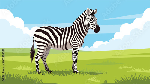 Striking black and white striped zebra stands alone in a vast green grassland under a clear blue sky with white clouds.