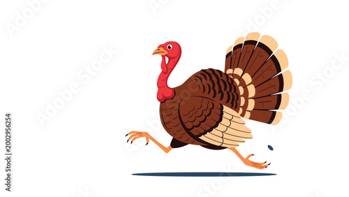 Large brown turkey with a red head and fanned tail feathers runs quickly across a plain white surface in a comic style.