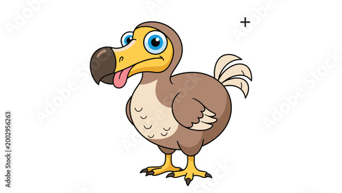 Funny cartoon dodo bird with a large beak and big eyes stands awkwardly with its tongue sticking out playfully.