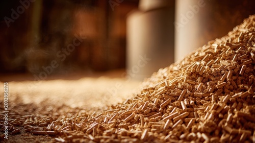 Close-Up of Organic Wood Pellets Piled on Ground in Warm Natural Light, Showing Texture and Details of Biomass Material