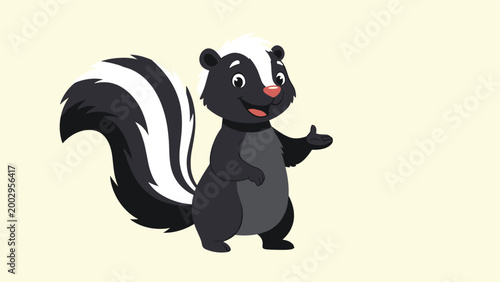 Friendly black and white cartoon skunk stands and gestures with its hand while showing a happy and inviting expression.