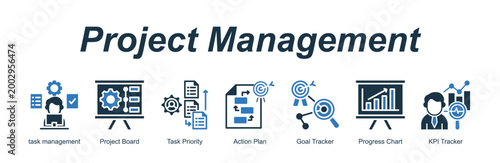 Project Management banner web icon vector illustration concept with an icon of task management, Project Board, Task Priority, Action Plan, Goal Tracker, Progress Chart, KPI Tracker