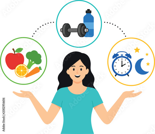 Woman Balancing Healthy Lifestyle Elements Illustration