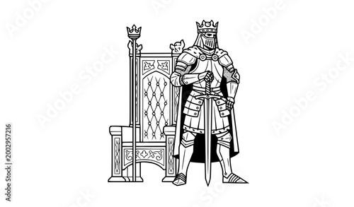 Medieval Knight in Full Armor Standing with Sword and Throne Vector