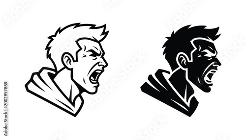 Angry man profile shouting face line art and silhouette vector graphic conveying emotion