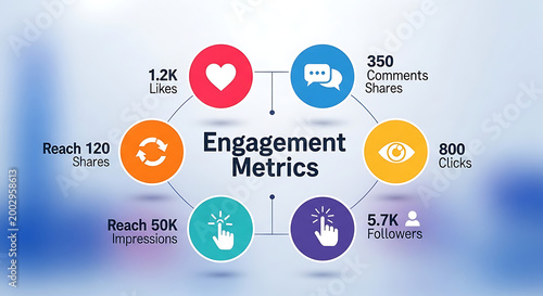 Social media engagement metrics circle infographic with icons.