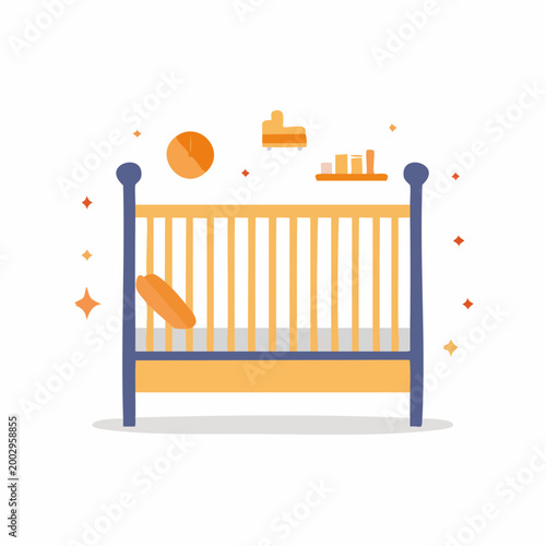 Illustration of a Baby Crib with Toys and Clock