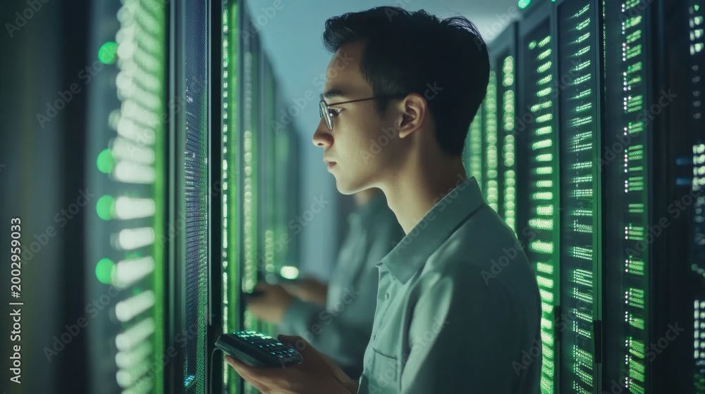 Fototapeta premium asian man in data center with server computer