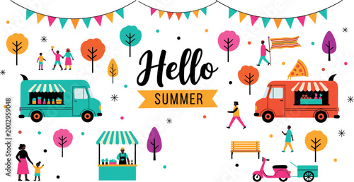 Hello summer festival scene with food trucks people outdoor activities bunting decorations colorful seasonal vector illustration