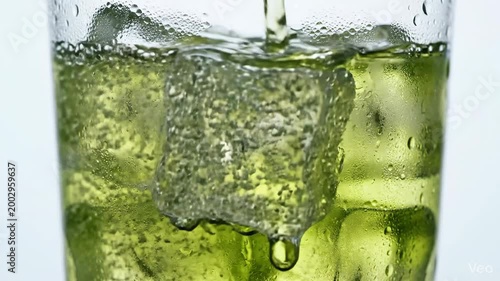 Refreshing green beverage poured over ice cubes in a condensation-covered glass