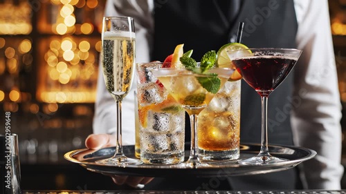 Bartender holding tray of cocktails highlighting artificial intelligence and digital evolution