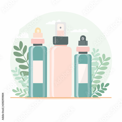 Flacons de cosmétiques avec plantes naturelles en illustration moderne
