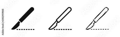 Medical scalpel cutting dotted line icon set for surgery and medical procedures