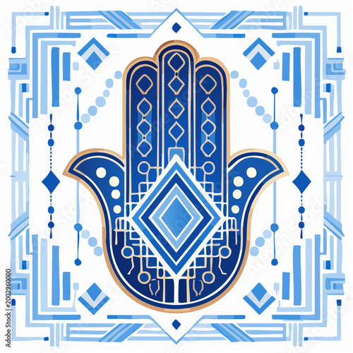 Main Hamsa bleue stylisée en illustration décorative