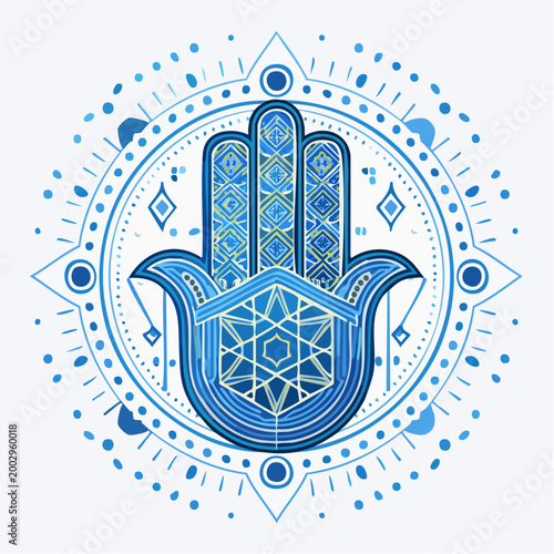 Main Hamsa bleue stylisée en illustration décorative